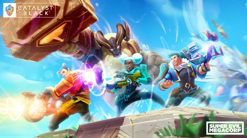 Catalyst Black key art: four heroes charging forward with guns and a giant hammer, a horned primal behind them