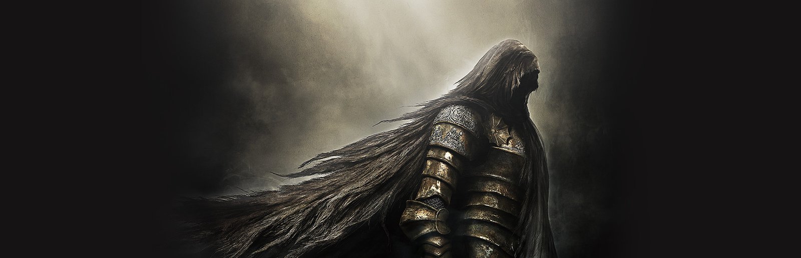 Dark Souls II: Scholar of the First Sin art: an armored knight with long hair, seen in profile against a dark sky