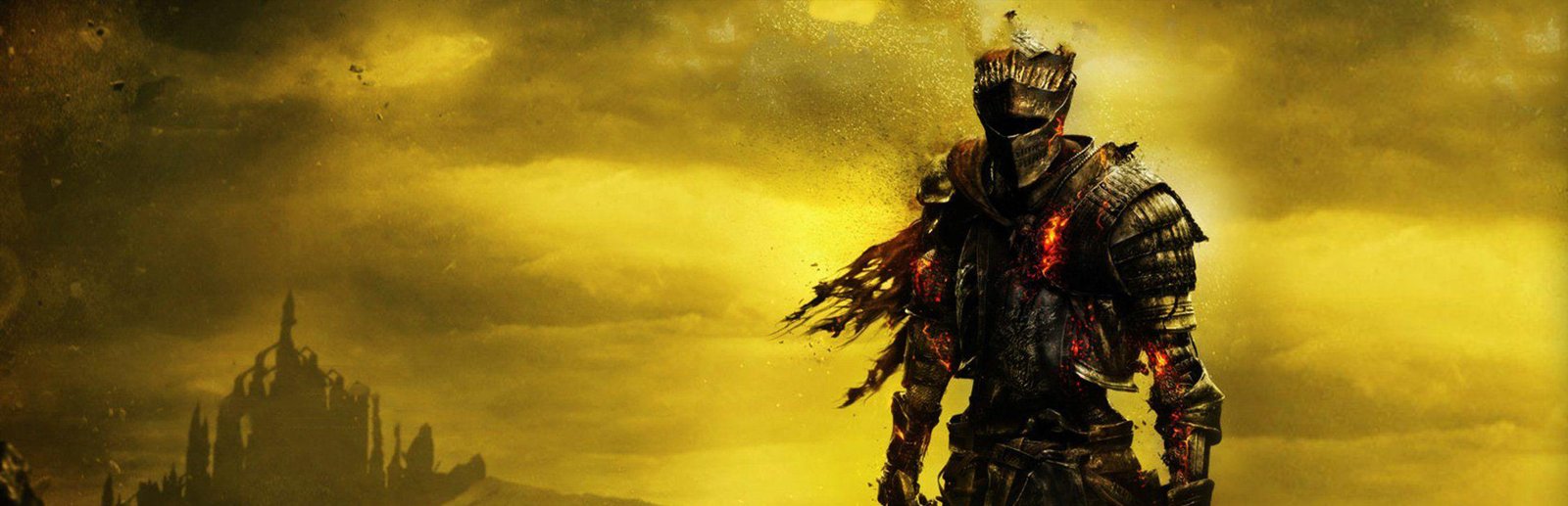 Dark Souls III art: an armored knight with glowing embers in his armor under a yellow sky, a castle in the distance