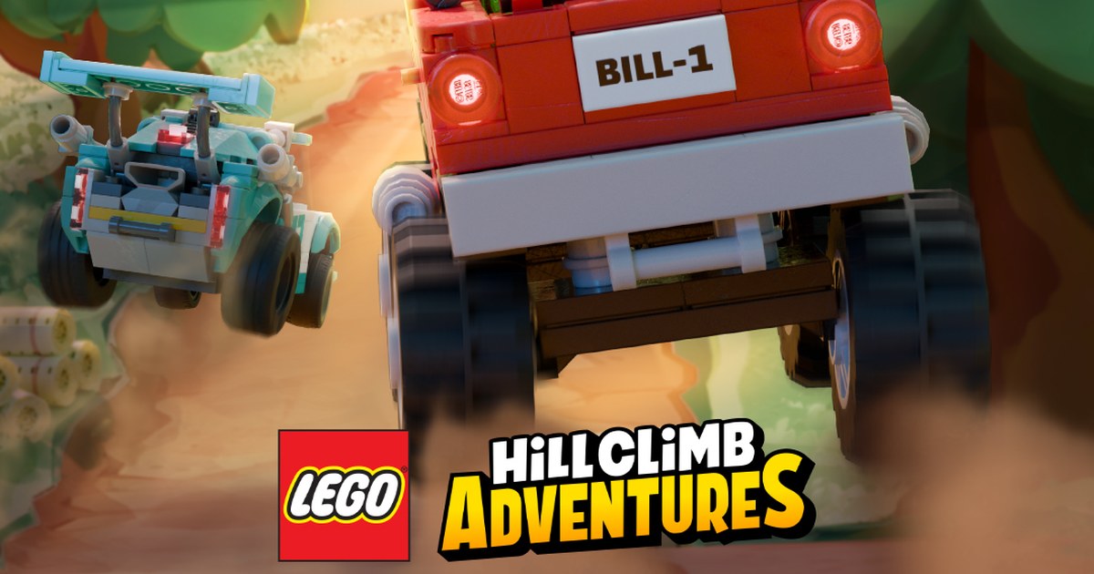 LEGO Hill Climb Adventures announcement art: a red LEGO buggy plated BILL-1 driving away