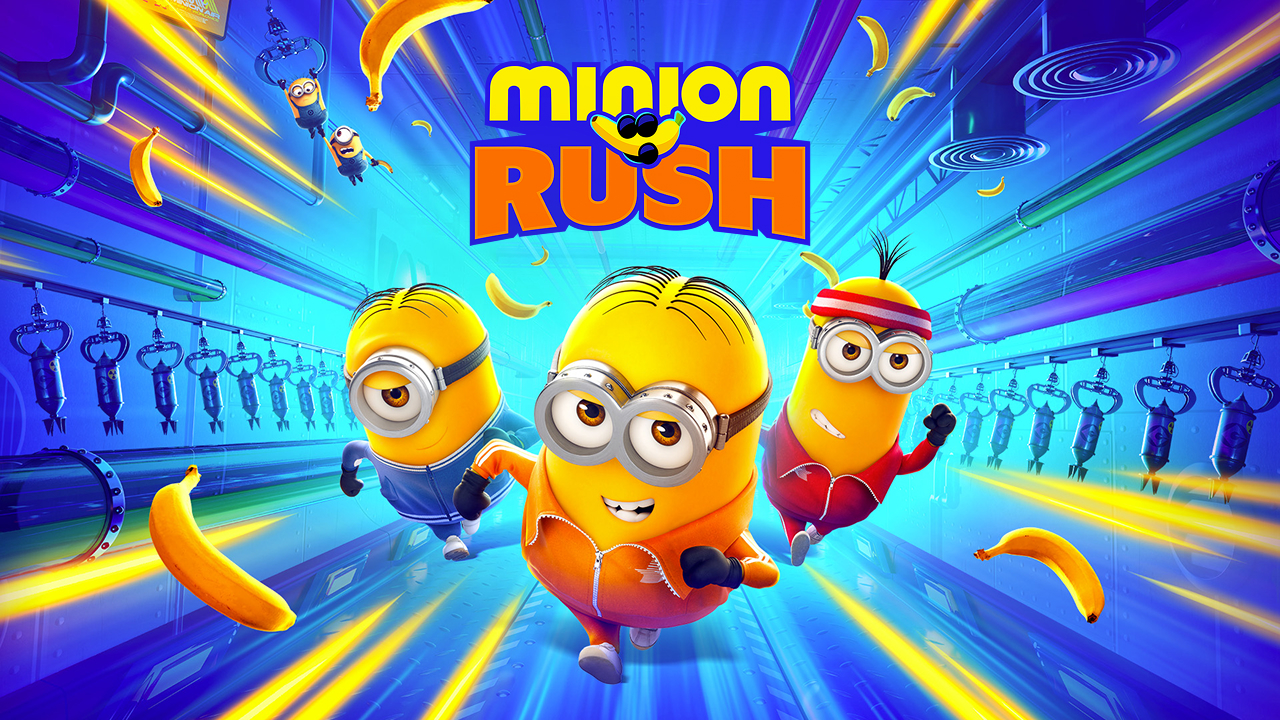 Minion Rush key art: three Minions running down a factory corridor past flying bananas, under the Minion Rush logo