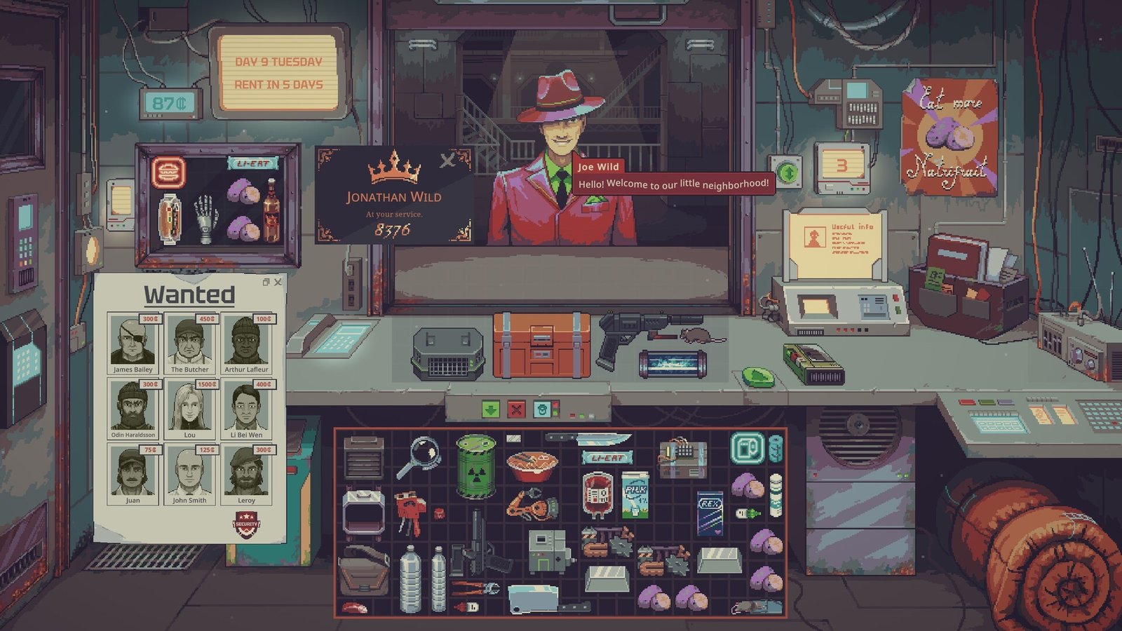 Probably Stolen screenshot: a pixel-art shop counter with a wanted board, an inventory grid of guns, chemicals and food, and a customer in a red suit and hat.