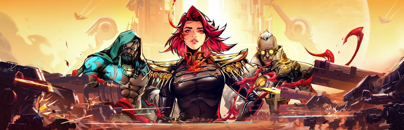 Warborne Above Ashes key art: three commanders in front of a burning battlefield
